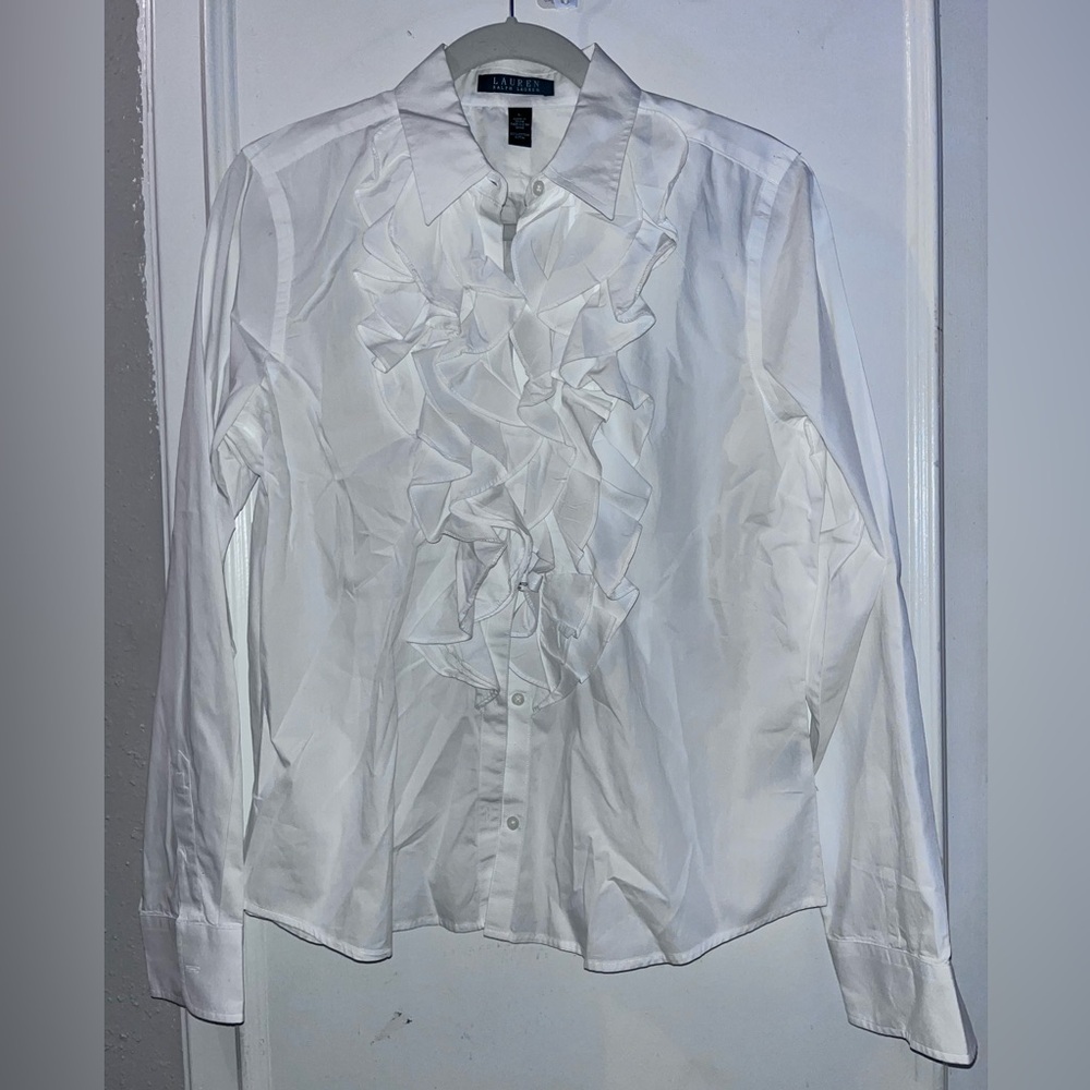 Ralph Lauren Women’s White Ruffled Shirt size Large